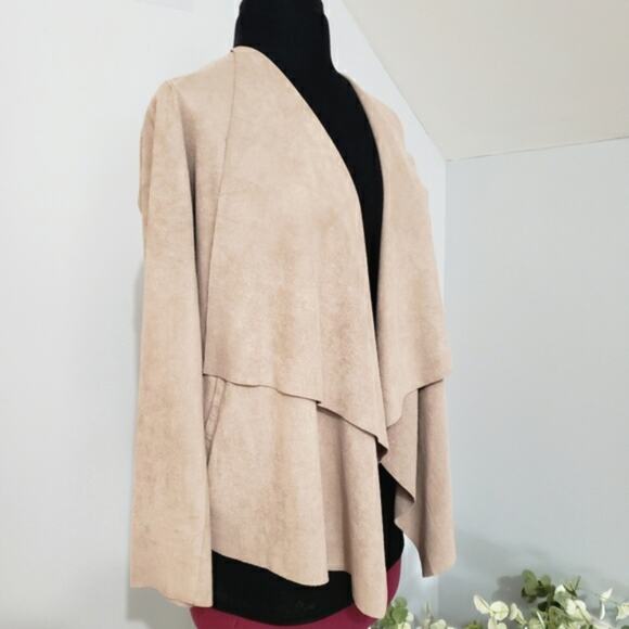 Mod Ref Suede Like Open Front Drawstring Waistband Waterfall Cardigan Jacket - Picture 2 of 9